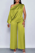 Spot 2026 European And American Cross-border Summer Casual Women's Satin Suit Slanted Collar Short-sleeved Top Trousers Set