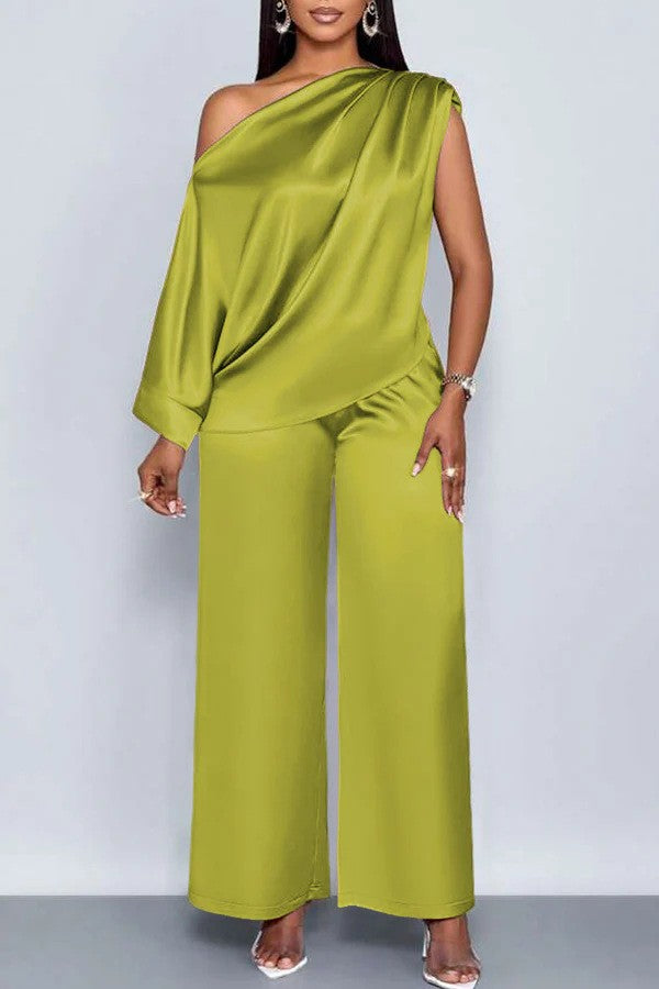 Spot 2026 European And American Cross-border Summer Casual Women's Satin Suit Slanted Collar Short-sleeved Top Trousers Set
