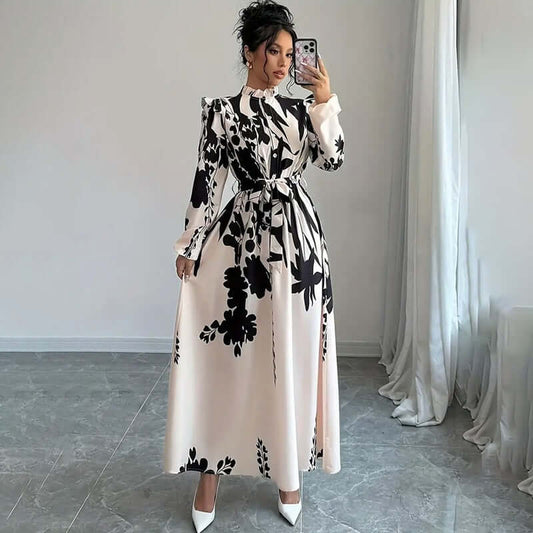 Women's Floral Print Long Sleeve Maxi Dress - Stand Collar A-Line Dress With Waist Detail, Lantern Sleeves & Ruffle Hem For Spring&Fall $103.58 Dana Fashion Color: Apricot black Size: L Women's clothing Women's Elegant Floral Print Long Sleeve Maxi Dress