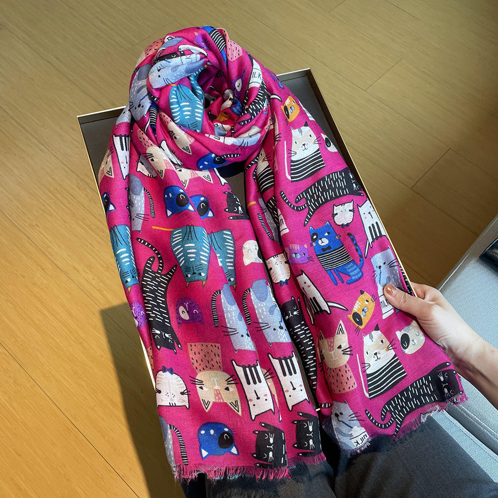 Cute Female Cat Picture Cotton And Linen Scarf
