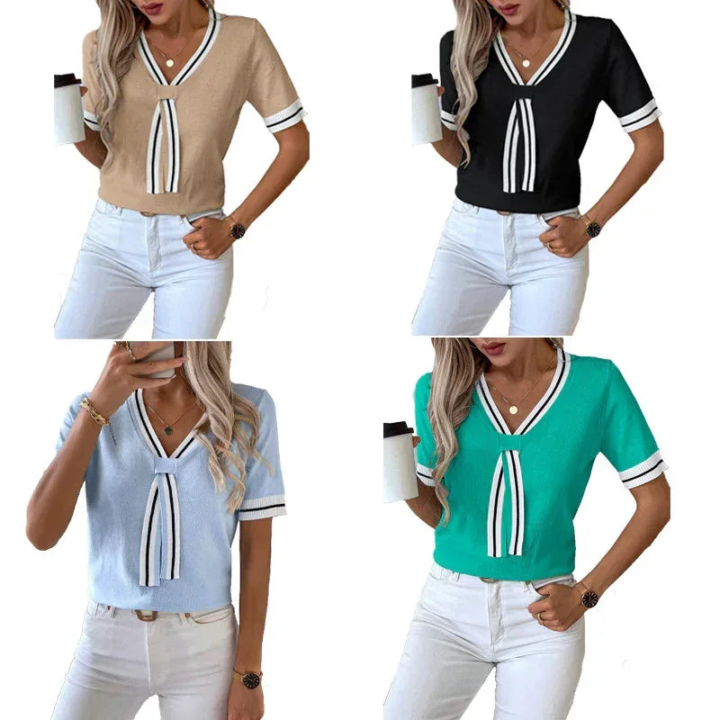 Women's Contrast Color V-neck Short Top Sweater - DanaFashionstore