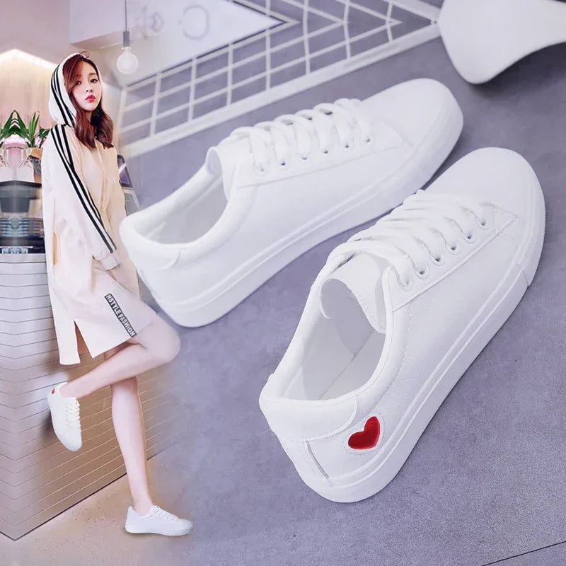 Fashion New Woman PU Leather Shoes Ladies Breathable Cute Heart Flats Casual Shoes White Sneakers - DanaFashionstore