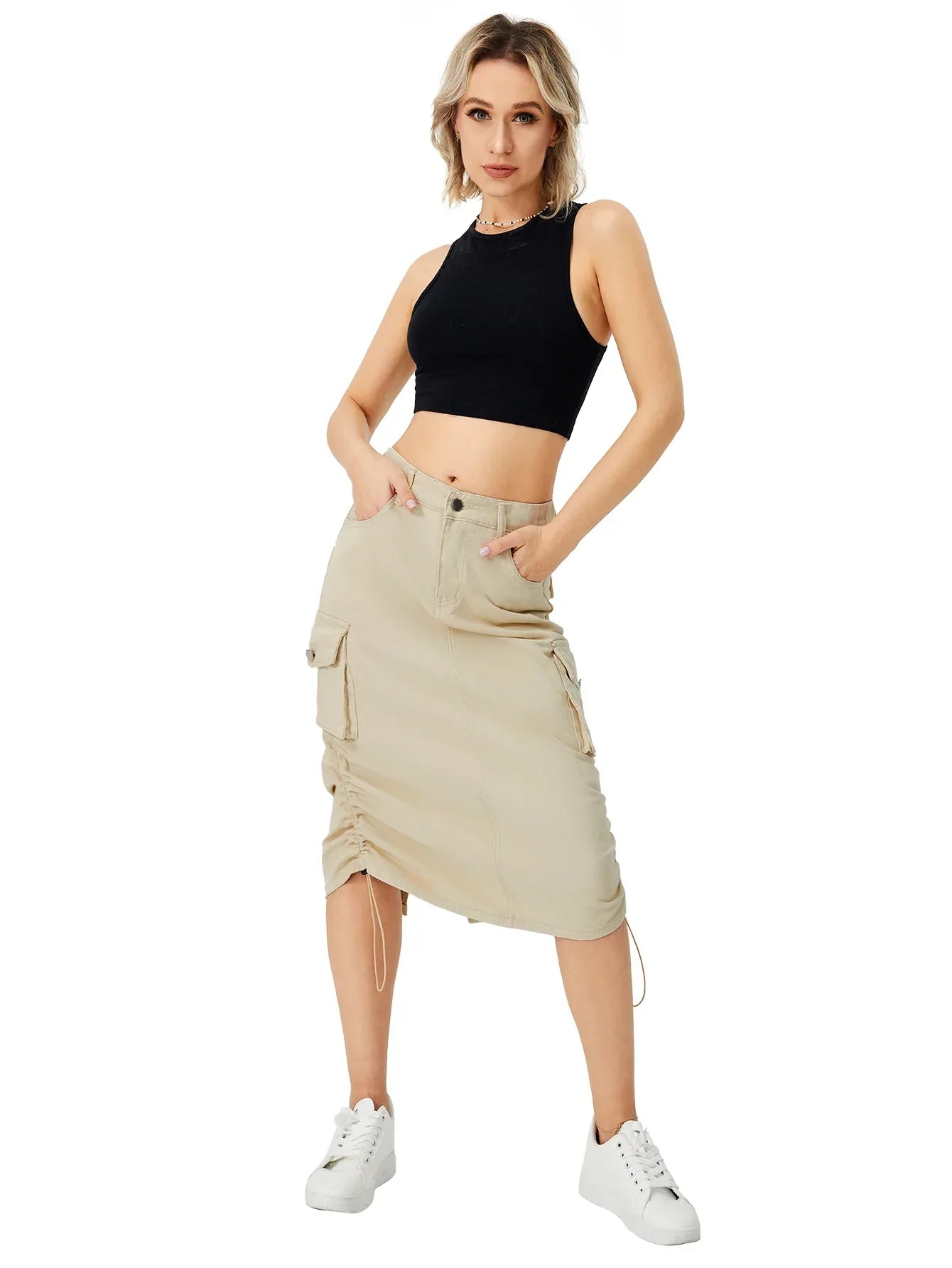 Women's Cargo Long Skirt Casual Streetwear Loose High Waist Front Split Maxi Skirt With Pocket Women's Cargo Long Skirts High Waisted Pencil Skirt Midi Length Jean Skirt With Cargo Pockets - DanaFashionstore