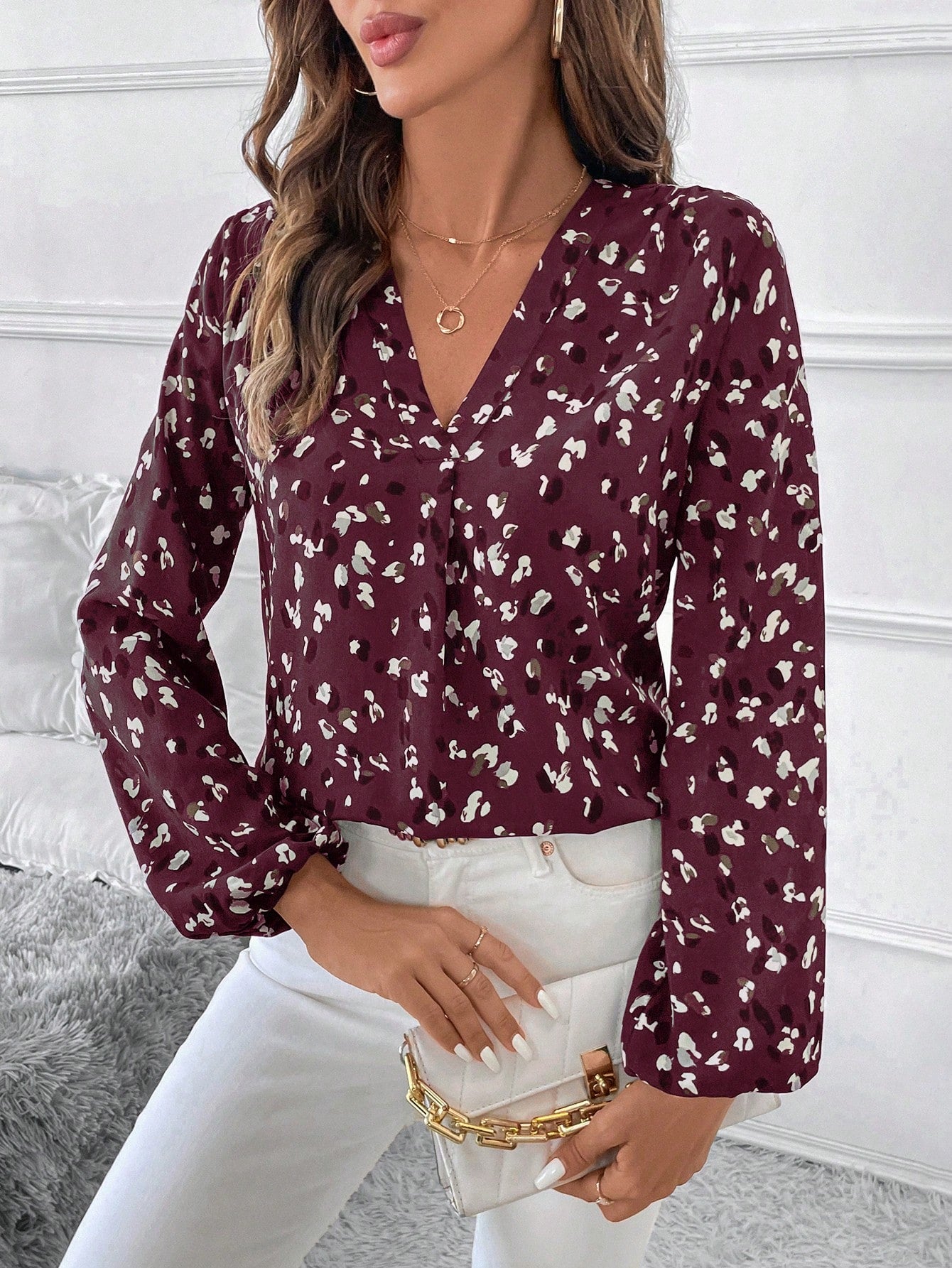 Women's V-Neck All-Over Print Elegant Long Sleeve Blouse,Long Sleeve Tops