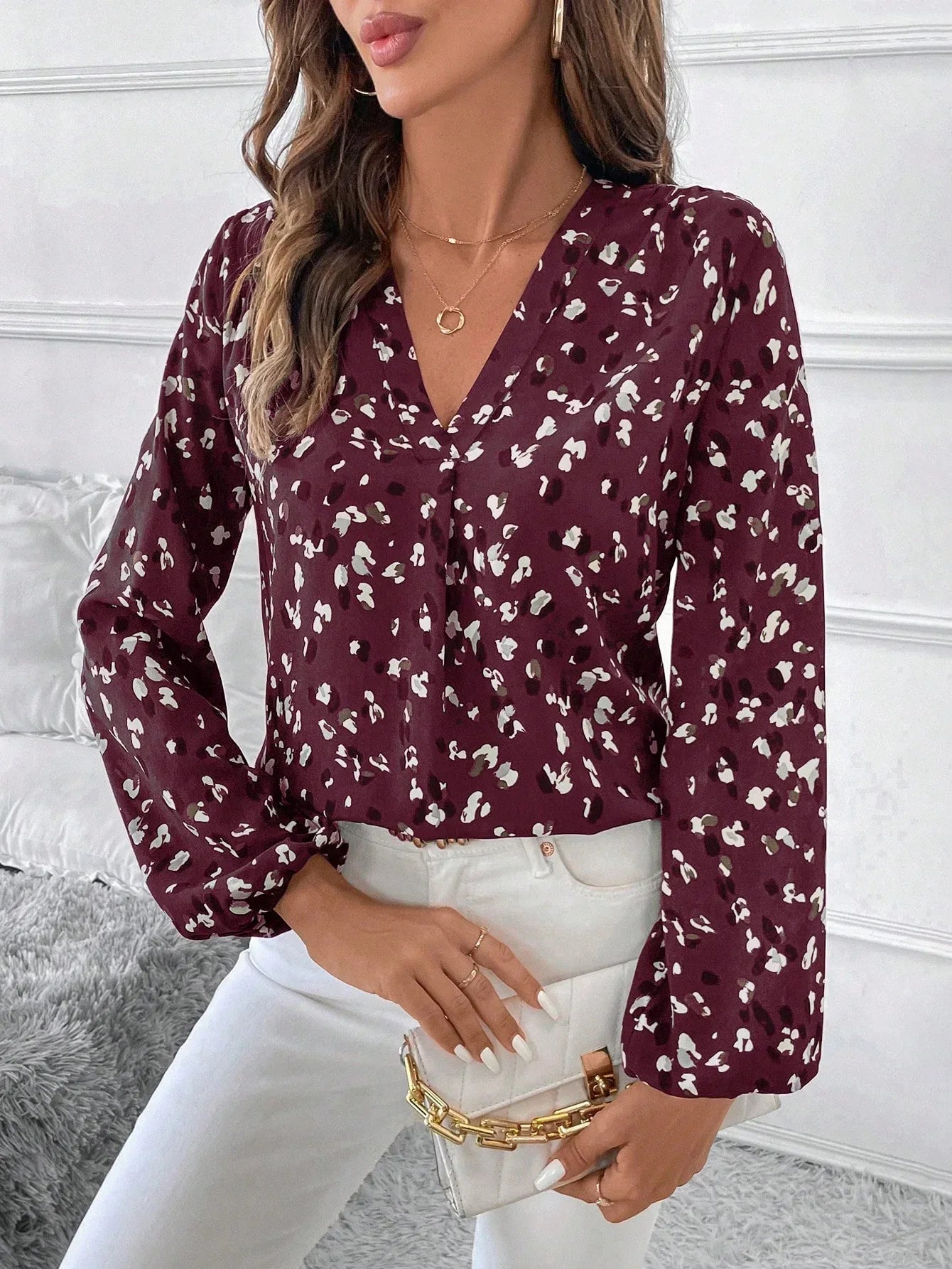Women's V-Neck All-Over Print Elegant Long Sleeve Blouse,Long Sleeve Tops - DanaFashionstore