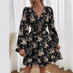 V-neck Floral Print Long Sleeve Dress