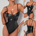 Faux Leather Lace Stitched Backless Sexy Patent Leather Series Neck Underwear - DanaFashionstore