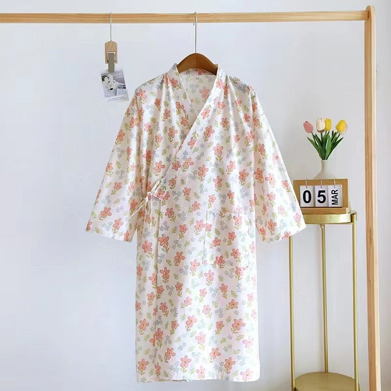 Women Bathrobe Nightdress Long Sleeve Nightgown Cotton Gauze - Dana Fashion