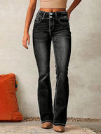 Skinny Flared Jeans With Pockets Fashion Button Zipper Trousers Women's Slim Denim Pants - DanaFashionstore