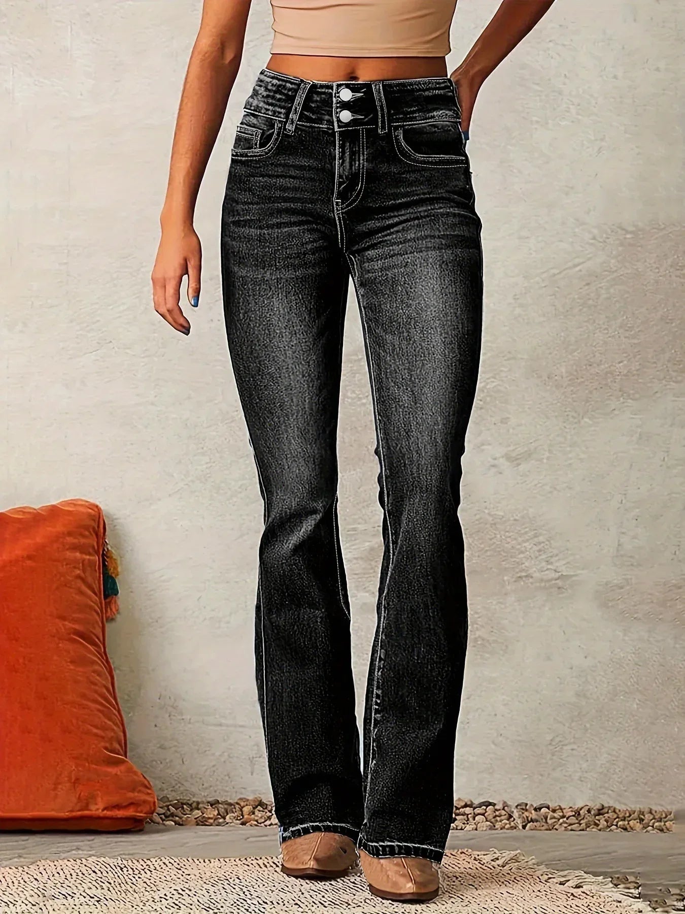 Skinny Flared Jeans With Pockets Fashion Button Zipper Trousers Women's Slim Denim Pants - DanaFashionstore