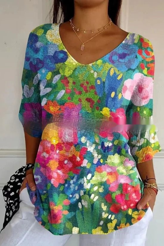 New Fashion Casual V-neck 3D Printed Geometric Pattern Half Sleeve T-shirt Top For Women