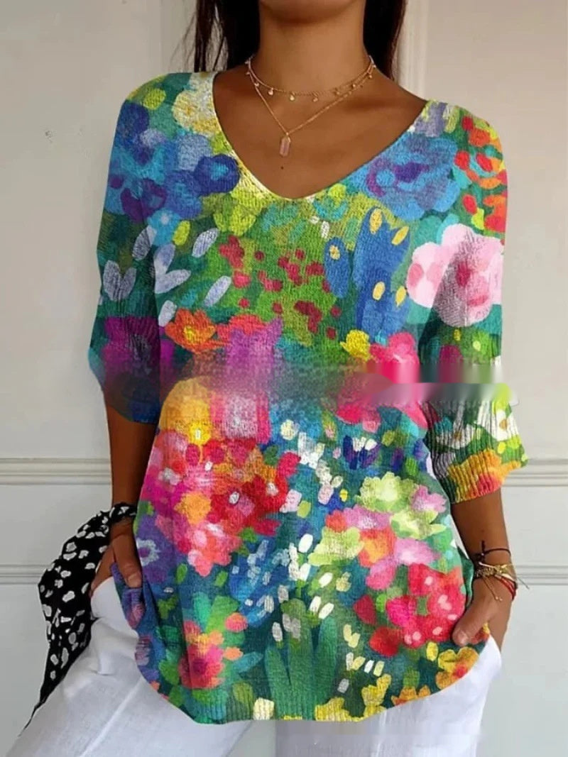 New Fashion Casual V-neck 3D Printed Geometric Pattern Half Sleeve T-shirt Top For Women