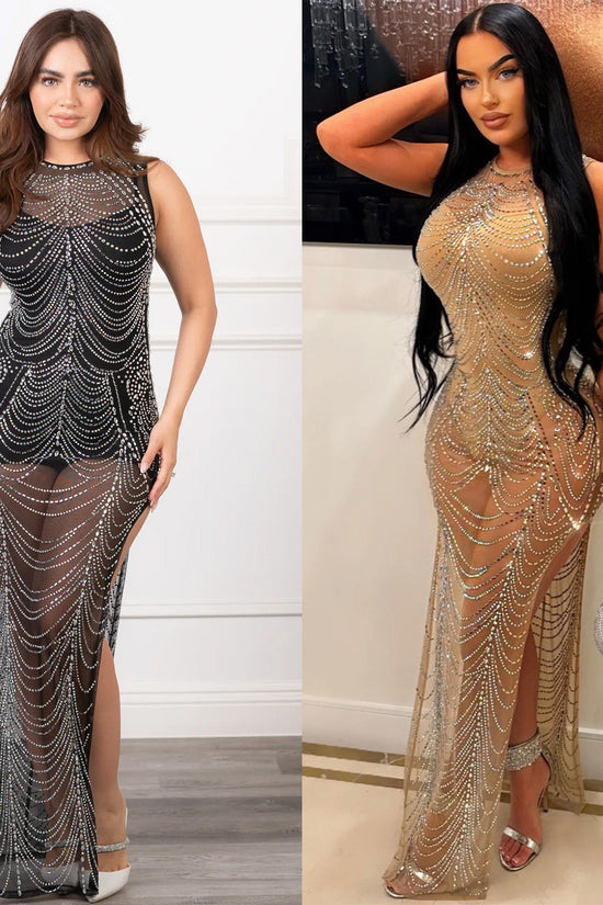 Wear Pure Color Mesh Rhinestone Sleeveless Maxi Dress