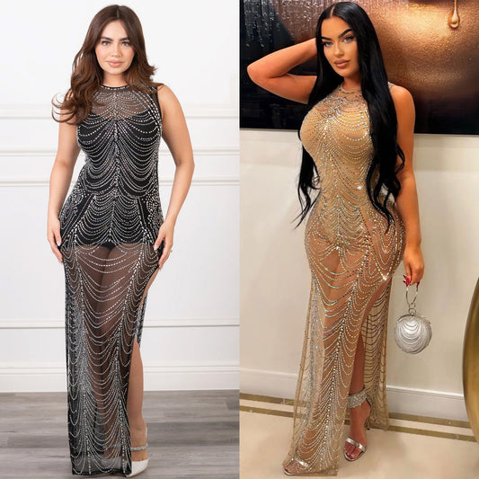 Wear Pure Color Mesh Rhinestone Sleeveless Maxi Dress