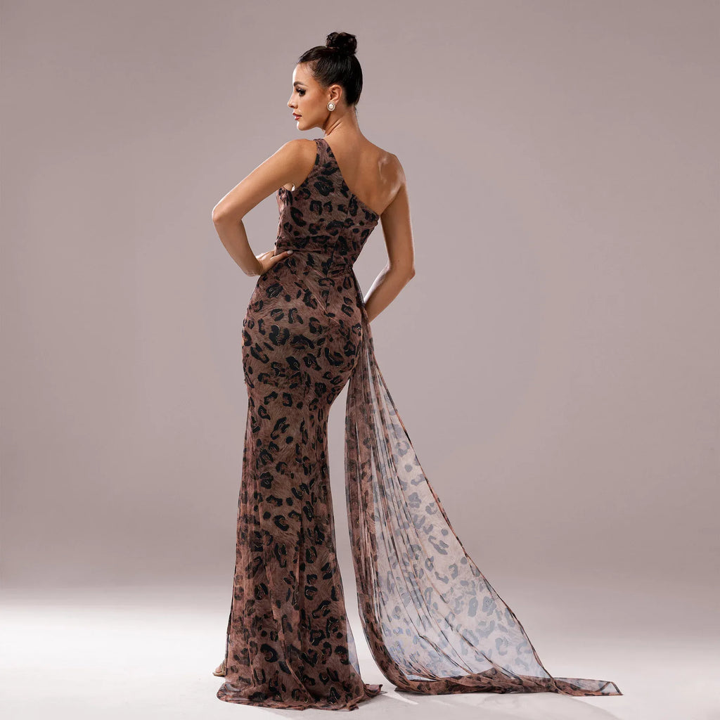 One-shoulder Diagonal Collar Leopard Sequined Evening Dress - DanaFashionstore
