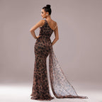 One-shoulder Diagonal Collar Leopard Sequined Evening Dress - DanaFashionstore
