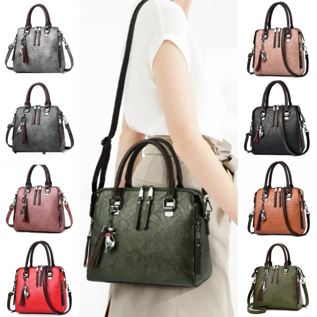 Vintage Handbag Women PU Leather Tassel Top-handle Bag Fashion Lady Tote Luxury Large Capacity Shoulder Bag - DanaFashionstore