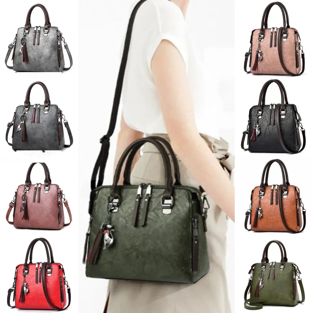 Vintage Handbag Women PU Leather Tassel Top-handle Bag Fashion Lady Tote Luxury Large Capacity Shoulder Bag - DanaFashionstore