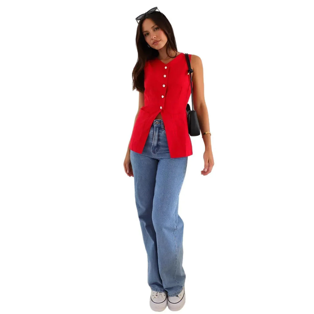 Solid Color And V-neck Sleeveless Vest Design Vest - DanaFashionstore