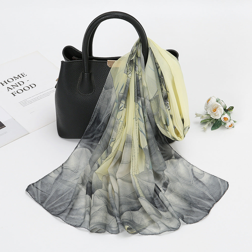 Thin Chiffon Lotus Pond Moonlight Printed Silk Scarf