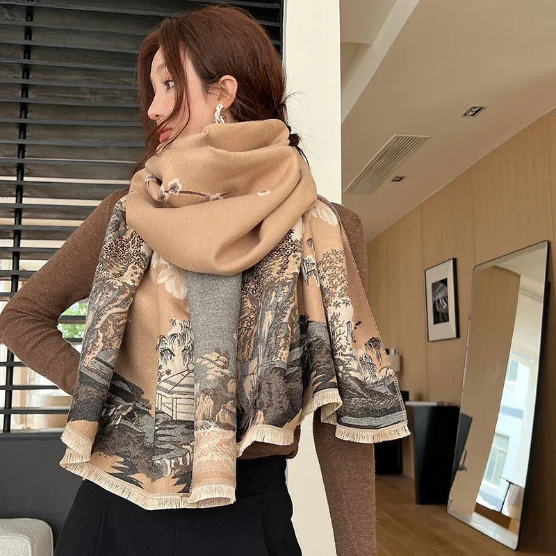 Vintage Plum Scarf Women's Artificial Cashmere Thickened Double-sided Student Shawl - DanaFashionstore