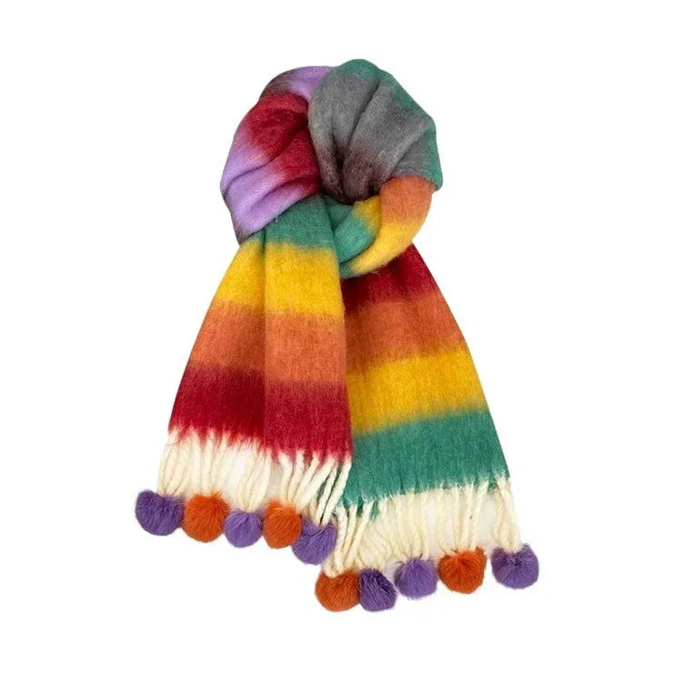 Rainbow Dopamine Mohair Tassel Scarf - DanaFashionstore