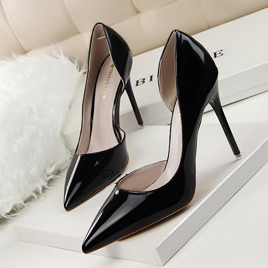 Stiletto patent leather shallow pointed high heels
