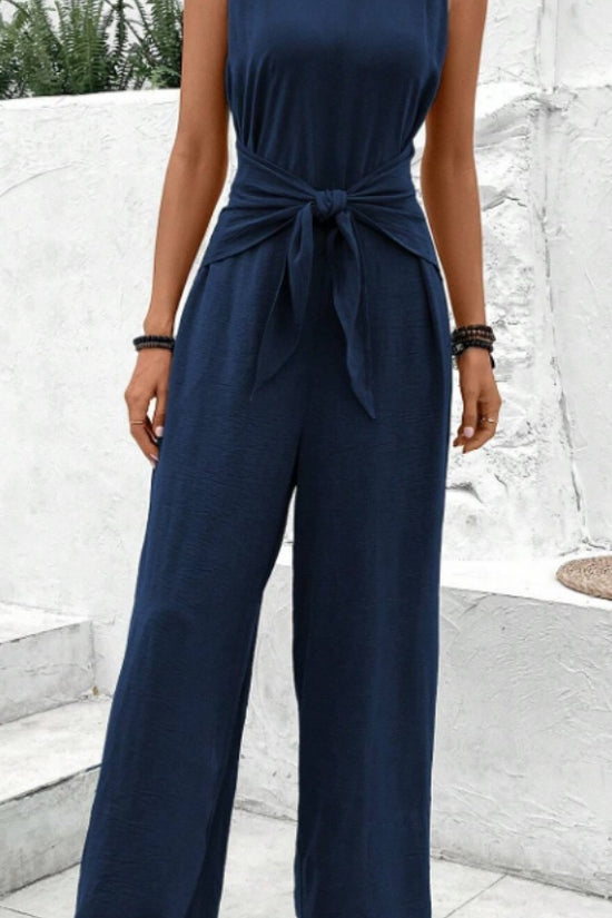 Blue V-Neck Twist Strap Jumpsuit For Women