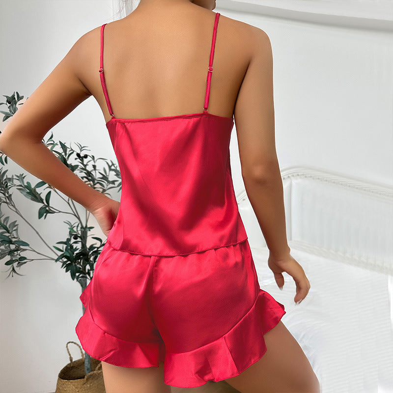 Ice Silk Sling Shorts Nightgown Three-piece Set - Dana Fashion