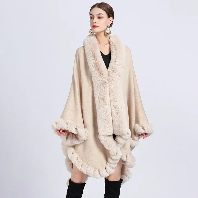 Rex Rabbit Fur Collar Shawl Irregular Oversized Knitted Cardigan Baggy Coat - DanaFashionstore