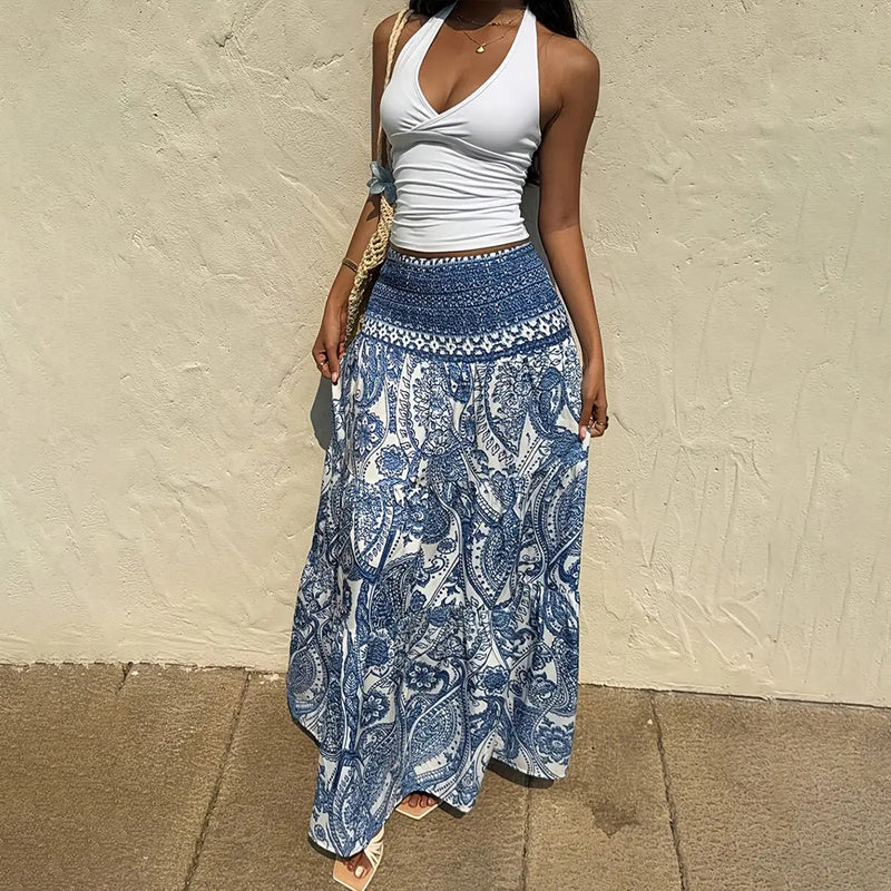 Women's Boho Floral Print Maxi Skirt - Elastic Waist A-Line Long Skirt For Spring&Summer Casual Beach Skirt - Dana Fashion