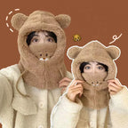 Cute Bear Plush Hat Winter Warm Thickened Scarf With Mask Anf Drawstring Design - DanaFashionstore