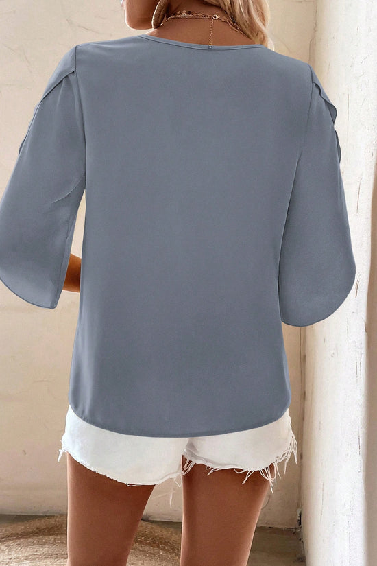 Solid Asymmetrical Neck Petal Sleeve Blouse
