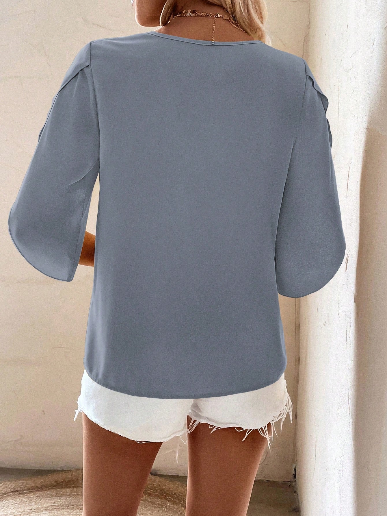 Solid Asymmetrical Neck Petal Sleeve Blouse