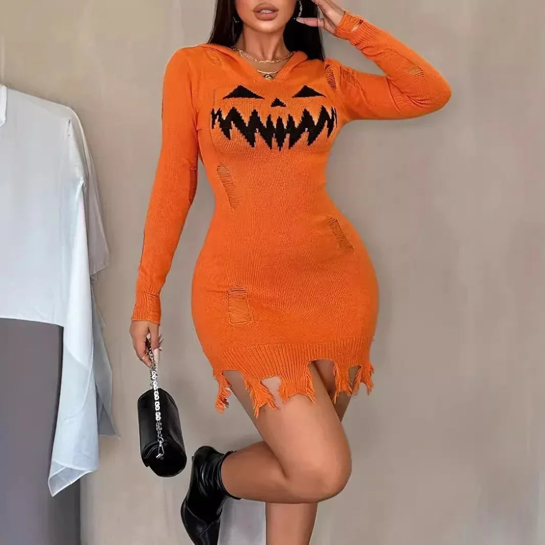 Solid Color Hooded Dress Women 2026 - Halloween Fashion Tight Dress - DanaFashionstore
