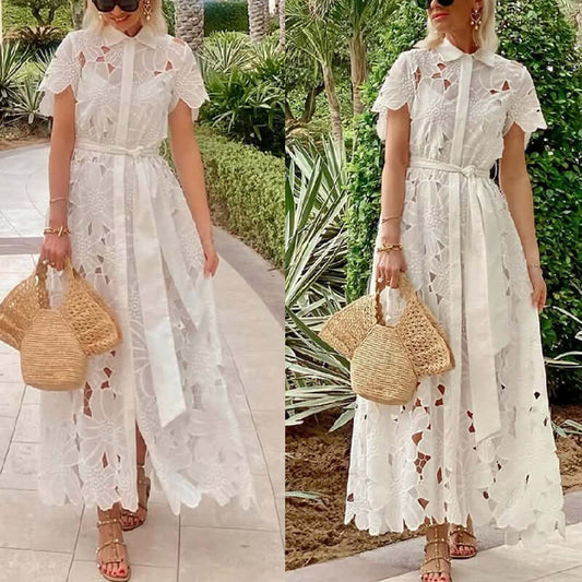 Casual Lace Cardigan Single-breasted Dress $65.90 Dana Fashion Color: White Size: L Women's clothing Product information: Fabric name: Polyester Color: White Sleeve type: regular sleeve Main fabric composition: Polyester (polyester fiber) Size: S,M,L,XL W
