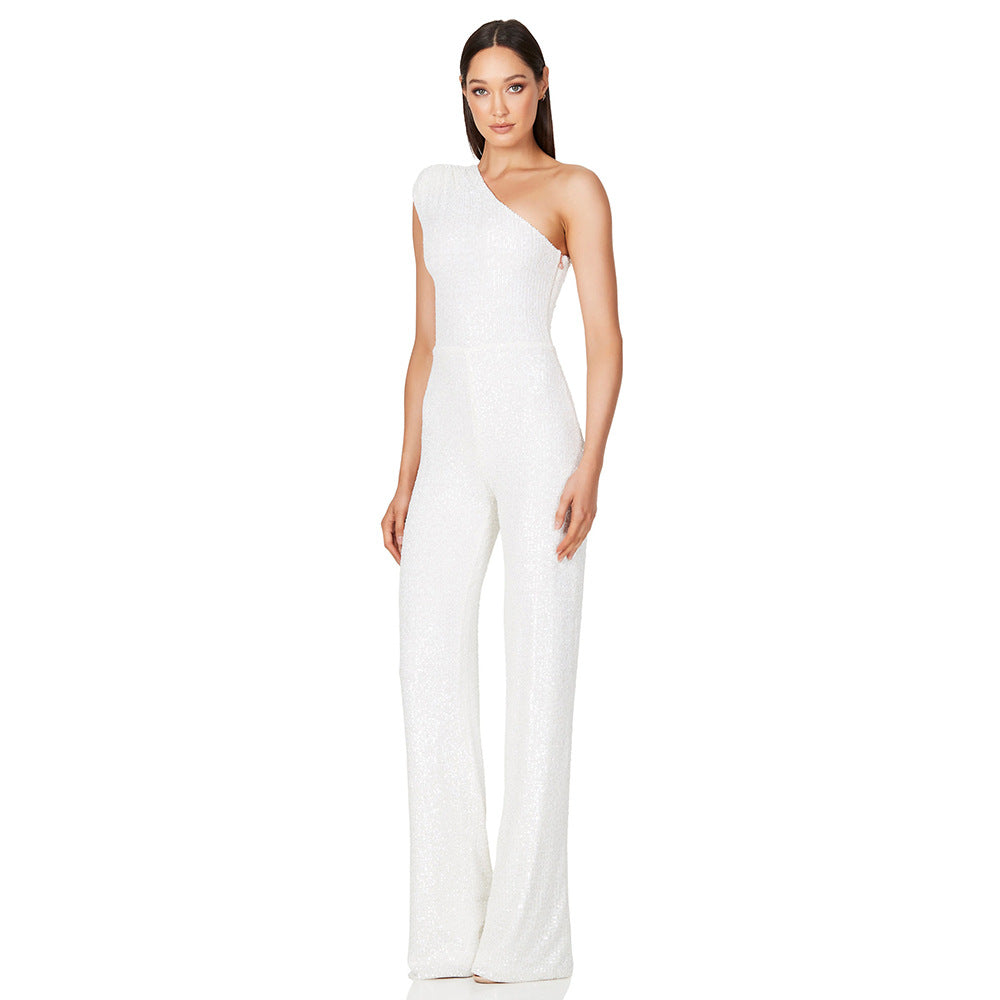Sleeveless One Shoulder Sequin Jumpsuit