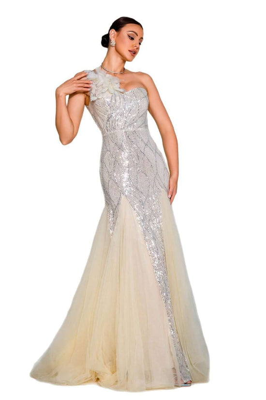 One-shoulder Diagonal Collar Slim-fit Sheath Sequined Slit Evening Dress $139.72 Dana Fashion Color: Apricot Size: L Women's clothing Product information: Pattern: solid color Skirt type: hip skirt Color: Apricot Waist type: high waist Size: S,M,L,XL Styl