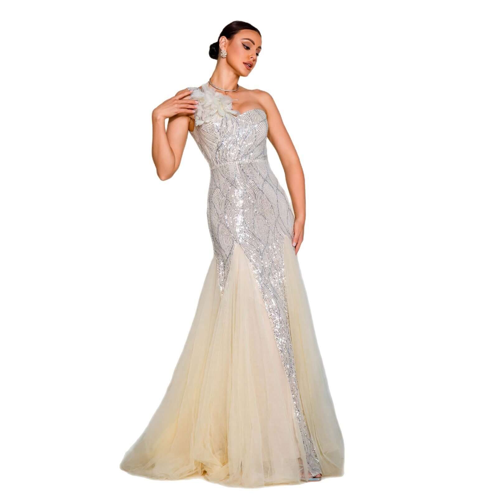 One-shoulder Diagonal Collar Slim-fit Sheath Sequined Slit Evening Dress $139.72 Dana Fashion Color: Apricot Size: L Women's clothing Product information: Pattern: solid color Skirt type: hip skirt Color: Apricot Waist type: high waist Size: S,M,L,XL Styl