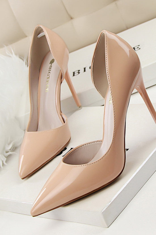 Stiletto patent leather shallow pointed high heels