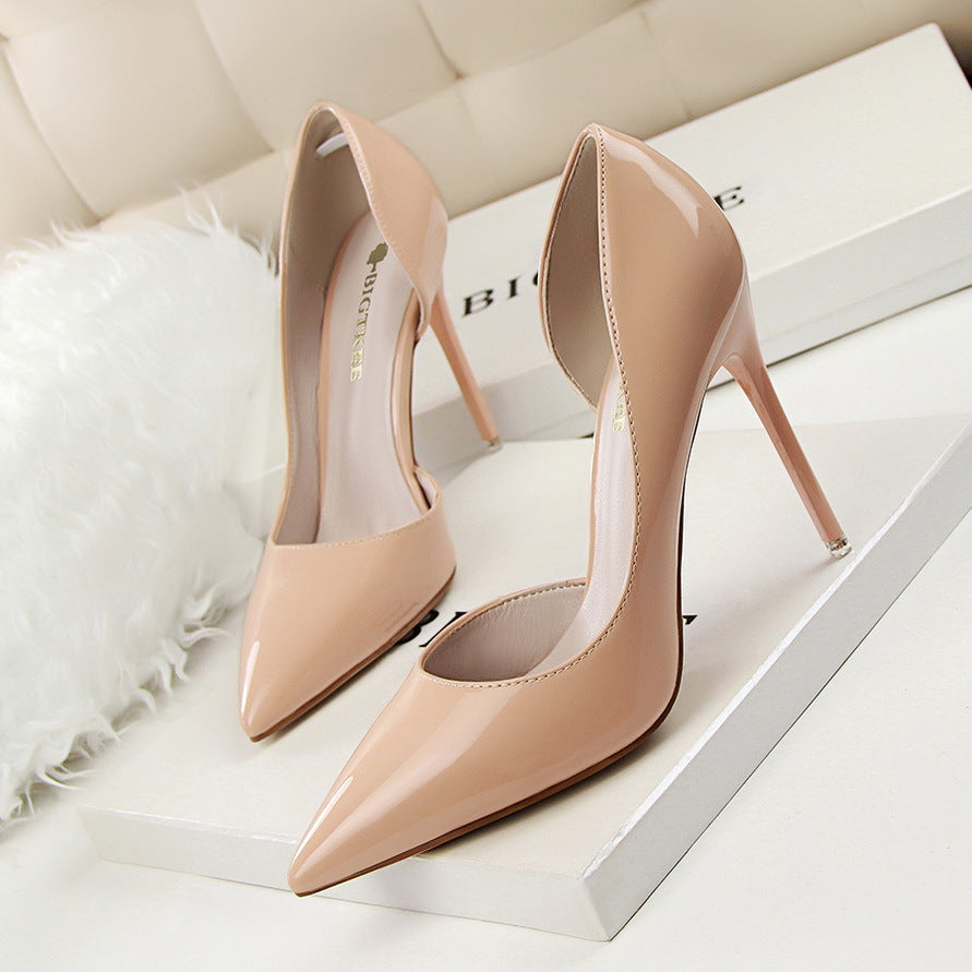 Stiletto patent leather shallow pointed high heels