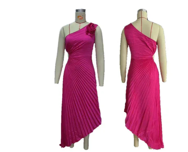 Ins Pleated One-shoulder Dress With Big Rose Flower Fashionable Sexy Evening Party Club Asymmetrical Dress - DanaFashionstore