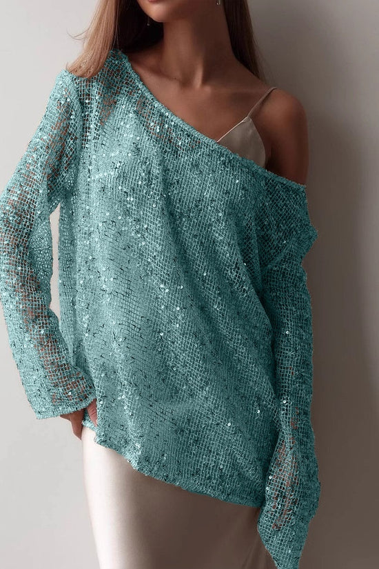 European And American Long Sleeve Hollow Loose Pullover Sequined Top Women's Clothing