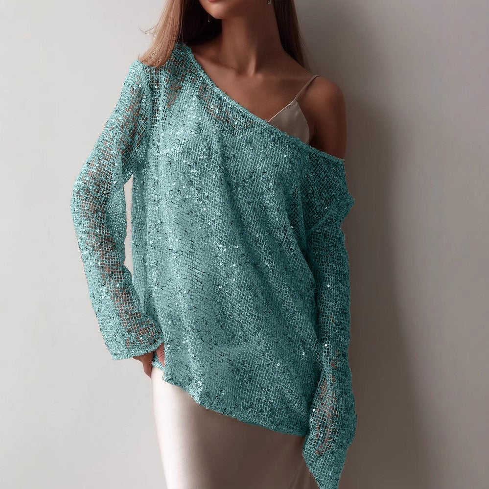 European And American Long Sleeve Hollow Loose Pullover Sequined Top Women's Clothing