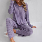 Ribbed Long-Sleeve Top And Pants Casual Comfortable Womens Loungewear Set