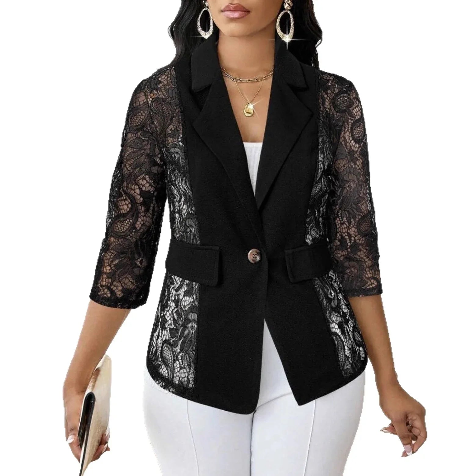 Womens Solid-Color Lace Hollowed-Out Three-Quarter-Sleeve Casual Jacket - DanaFashionstore