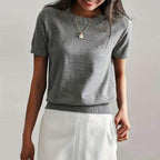 Simple Niche Round Neck Solid Color French Short Sleeve Sweater Sweater - DanaFashionstore