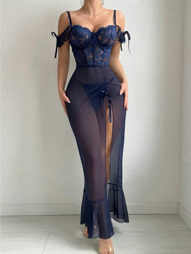 Navy Blue Sexy Lingerie Set Long Dress Split - DanaFashionstore