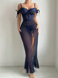 Navy Blue Sexy Lingerie Set Long Dress Split - DanaFashionstore