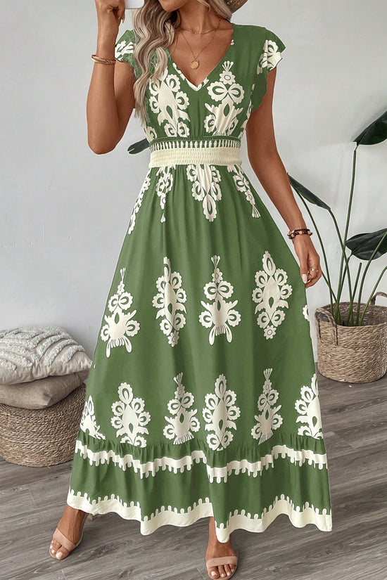 Trim Cap Sleeve Cinched Waist Ruffle Hem A-Line Dress